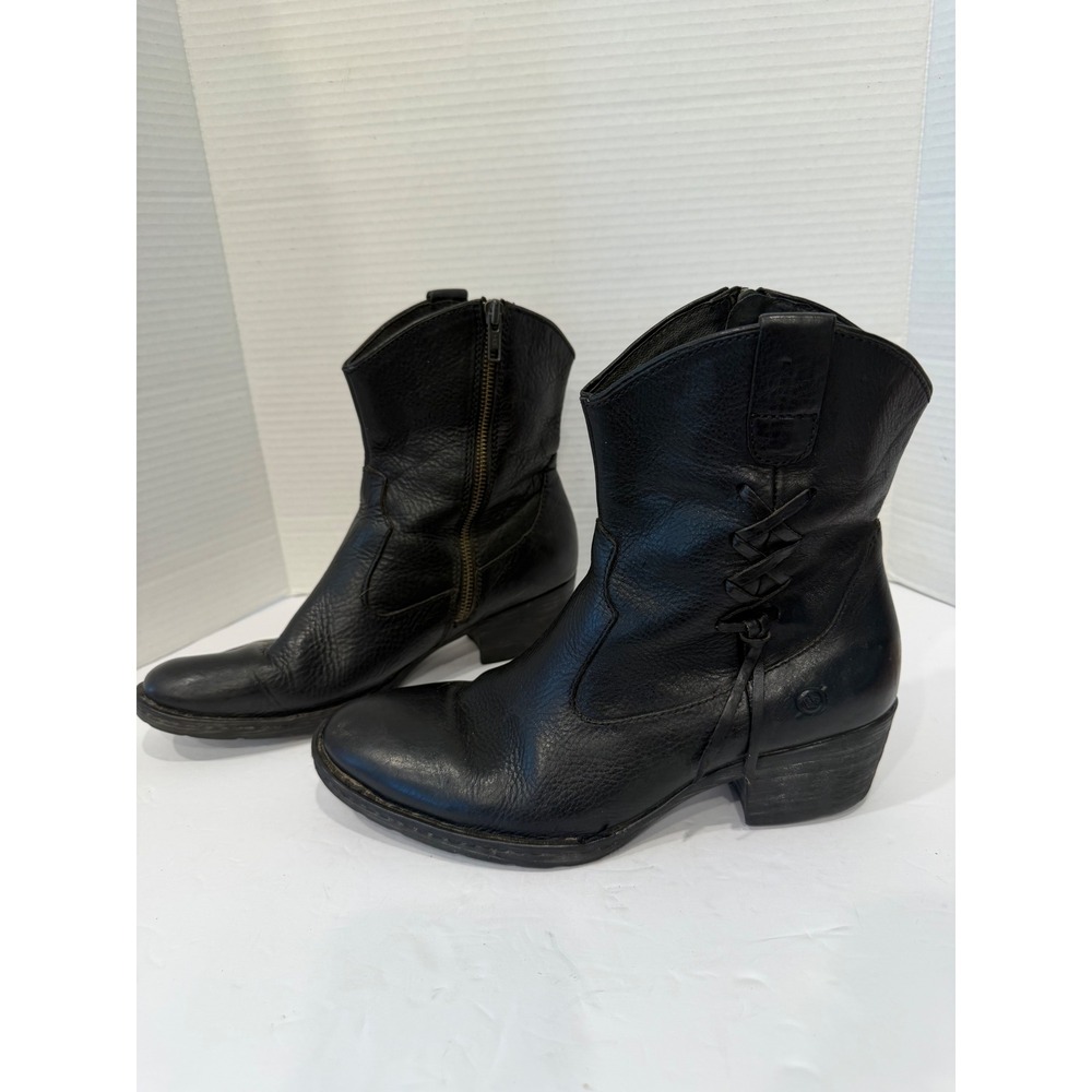 Born Karin Black Leather Western Lace Side Moto Mid-Calf Block Heel Boots 9.5
